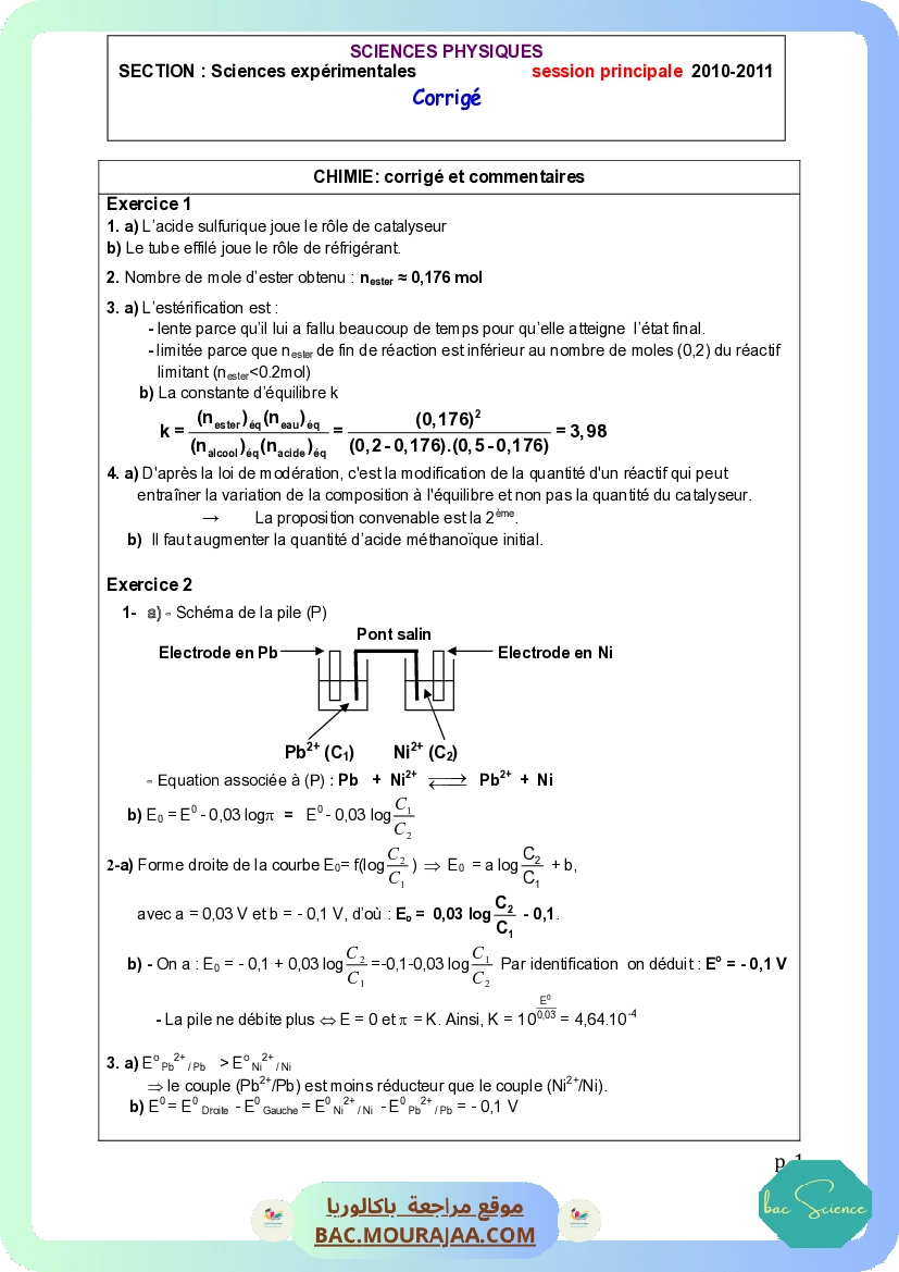 Corrigé principale physique Bac 2011 – Section science